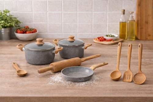Kit 4 Panelas e 3 Utensílios Cozinha - Cinza